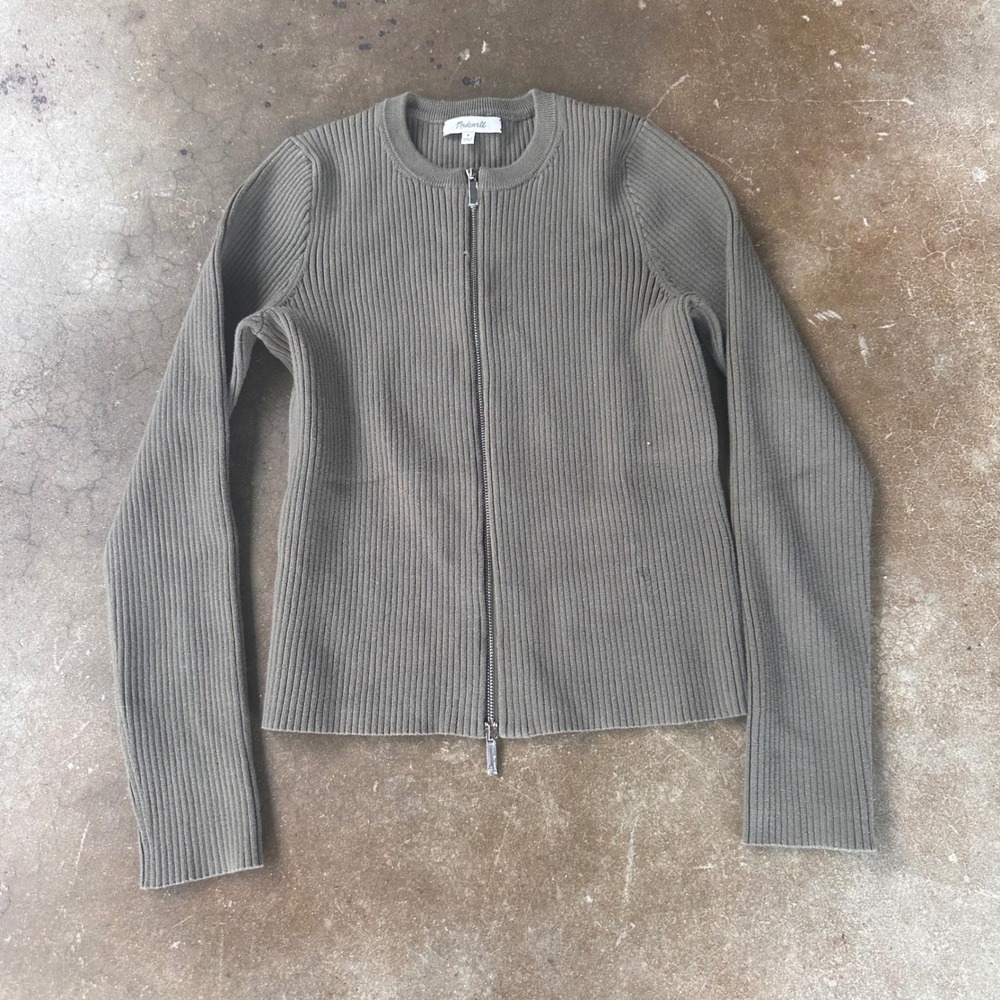Madewell Ribbed Cardigan Women M Olive Green Excellent Two-Way Zip Sweater